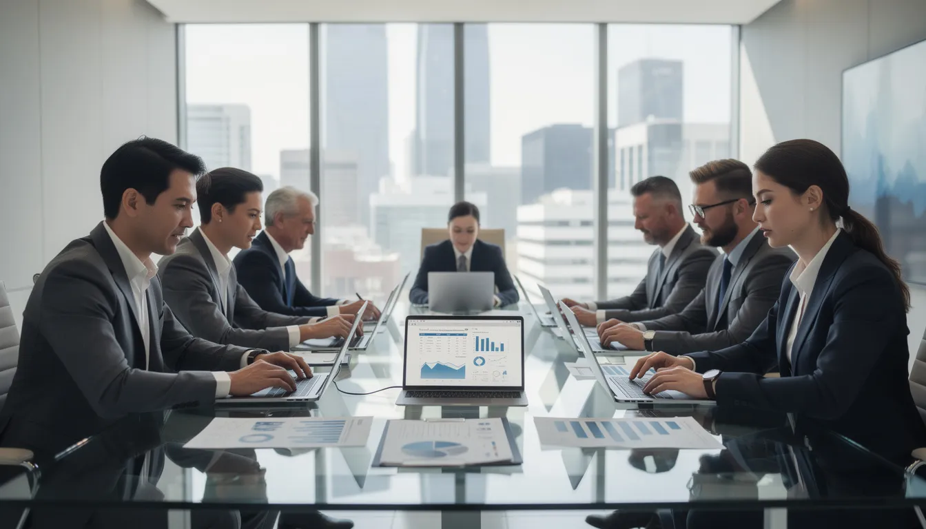 In a modern office setting, business professionals are focused on reviewing financial documents on their laptops, analyzing key financial statements such as the balance sheet and income statement to assess the company's financial health and performance. This collaborative effort highlights the importance of accurate financial reporting and adherence to generally accepted accounting principles.