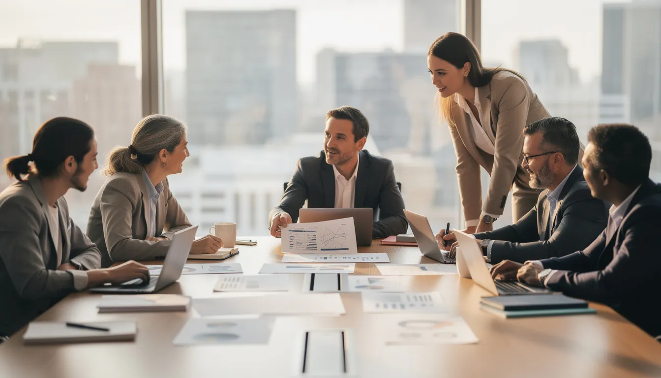 A diverse team of finance professionals is collaborating around a conference table, reviewing financial documents and discussing strategies for financial forecasting and modeling. They are focused on analyzing current and historical data to predict future performance and make informed financial decisions.