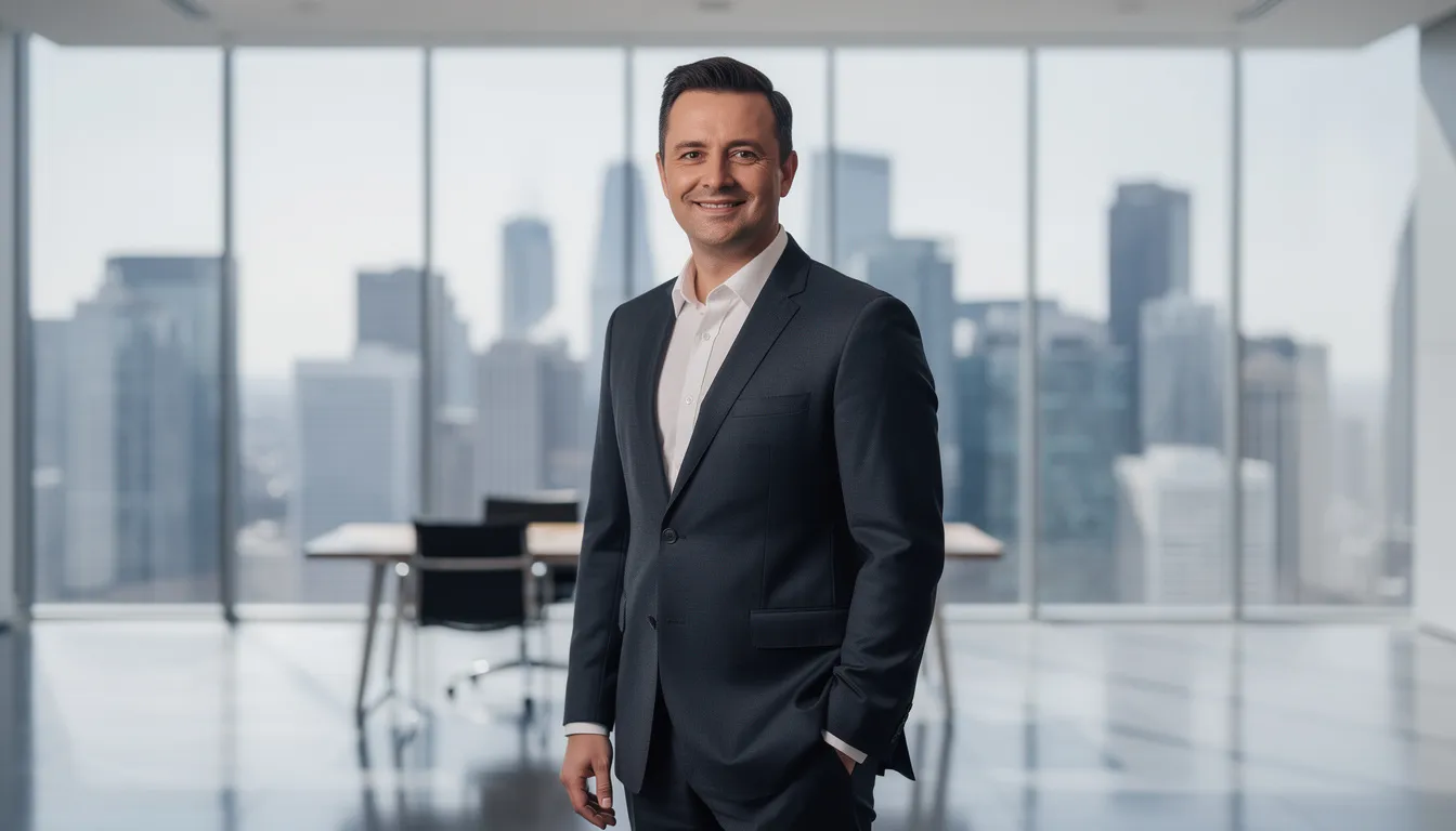 A confident business professional stands in a modern office with a panoramic city view, exuding authority and focus on financial planning and strategic priorities. The setting reflects a commitment to effective budget processes and managing resources to achieve long-term financial goals.