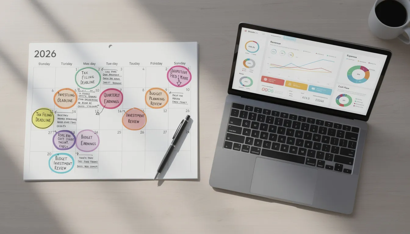 The image features a calendar displaying important financial milestones alongside a laptop screen showcasing various financial dashboards. This setup highlights key aspects of financial management, including financial reporting and analysis, essential for assessing the company's financial health and planning.