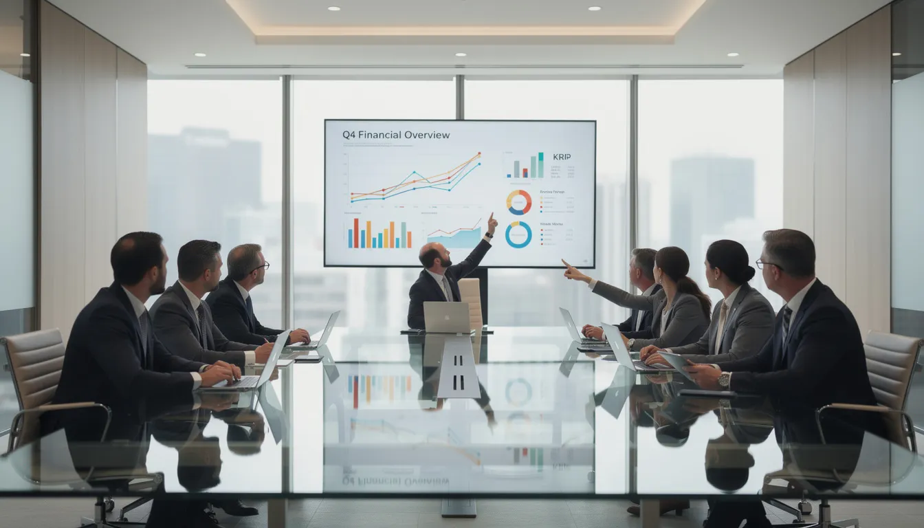 A group of business professionals is gathered in a modern conference room, intently reviewing financial data displayed on a large screen, which highlights key performance indicators and market analysis essential for developing a successful business strategy. Their focus on strategic planning suggests a commitment to achieving organizational goals and gaining a competitive advantage in their industry.