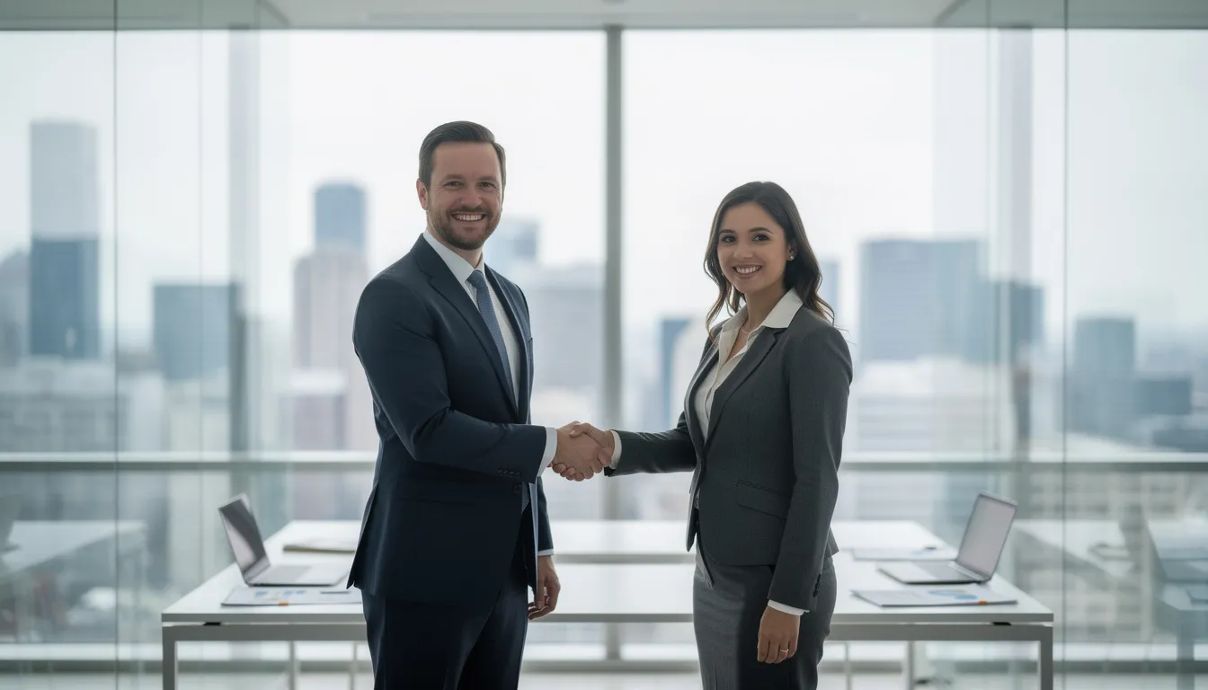 In a modern office setting, two professionals are engaged in a firm handshake, symbolizing a partnership that aligns with strong financial strategy and corporate objectives. This interaction reflects the essence of strategic financial management and the importance of collaboration among finance leaders to achieve sustainable growth and effective financial planning.