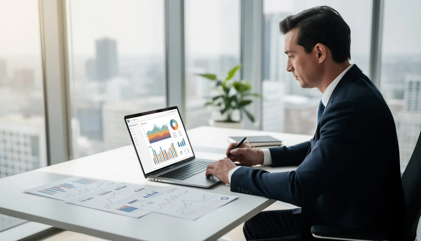 A business professional is focused on analyzing cash flow charts on a laptop in a bright office setting, emphasizing the importance of cash flow management and financial reporting. This scene highlights the role of outsourced CFO services in aiding strategic decision-making and enhancing a company's financial health.
