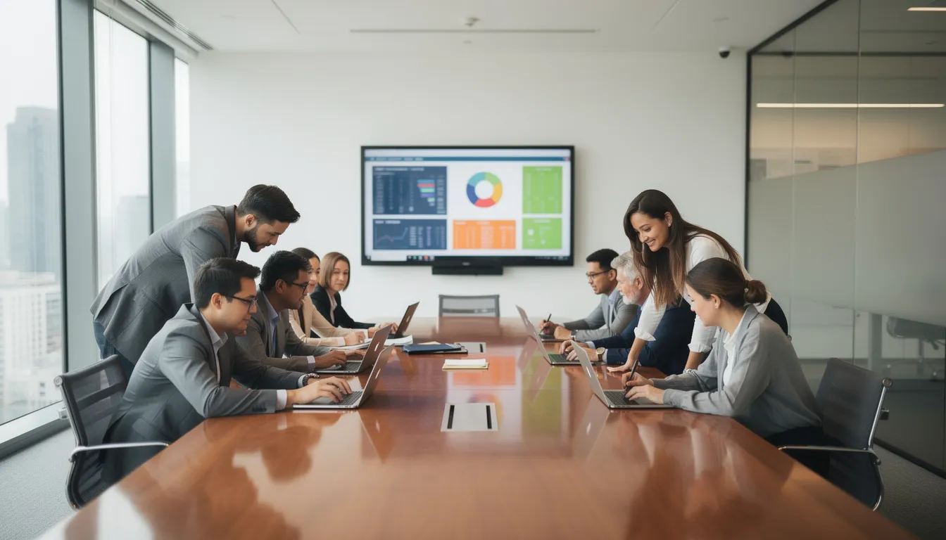 A diverse team of professionals is collaborating around laptops in a modern conference room, discussing strategic financial planning and leveraging cloud-based applications to overcome financial challenges. Their focus on financial expertise and the use of SaaS solutions highlights the importance of effective cash flow management and sustainable growth for multiple companies.