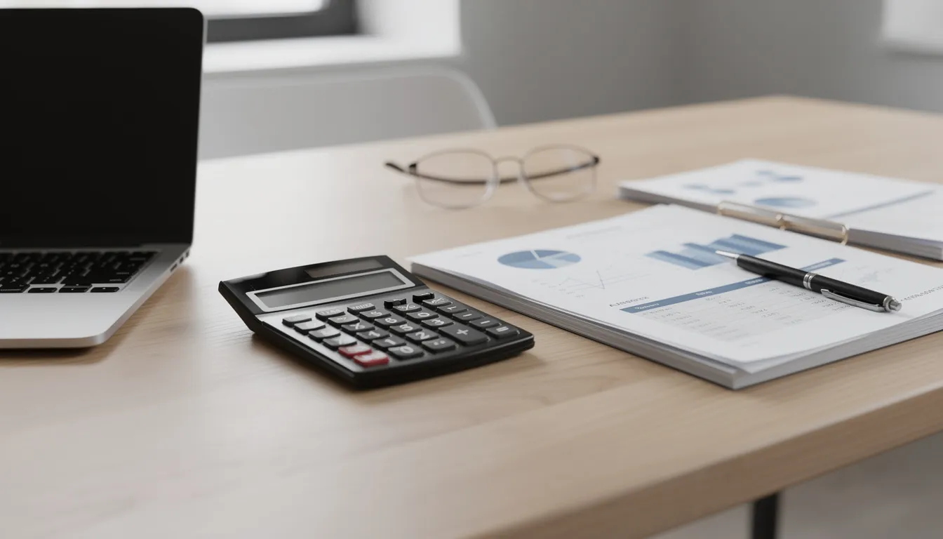 The image features a modern desk with a calculator and various financial documents spread out, symbolizing the comprehensive financial planning process that personal financial advisors undertake to help clients achieve their financial goals and manage their investments. This setup reflects the financial advisor's role in analyzing the entire financial picture, including investment strategies, risk management, and retirement planning.
