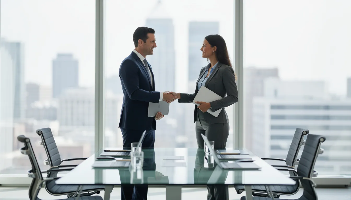 In a modern conference room, two business professionals are shaking hands, symbolizing a successful partnership that can drive business growth. This moment reflects the importance of building strong customer relationships and expanding into new markets for small businesses.