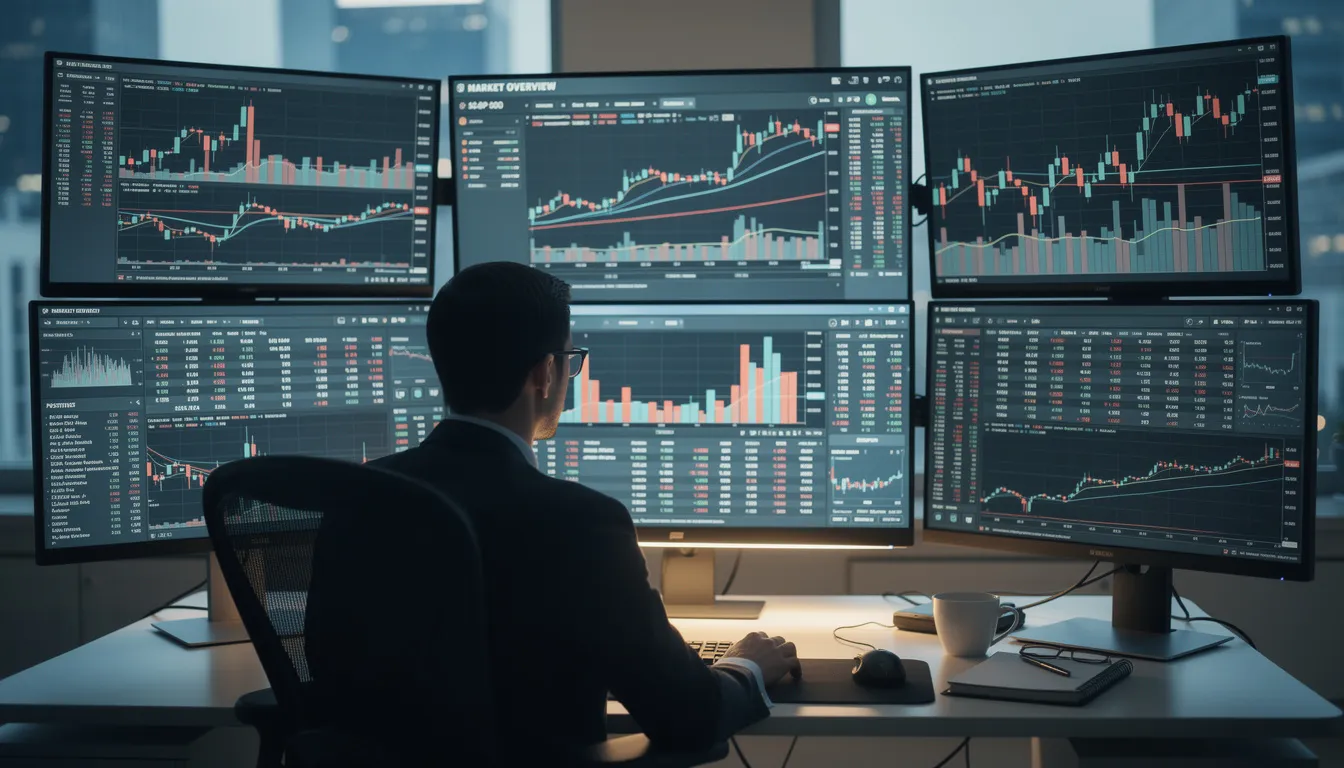 A finance professional, likely a chief financial officer (CFO), is focused on multiple screens displaying various charts and financial data, indicative of their role in overseeing financial reporting and managing the company's financial operations. This setting highlights their expertise in financial management, strategic planning, and data analysis, essential for maintaining the organization's financial health.