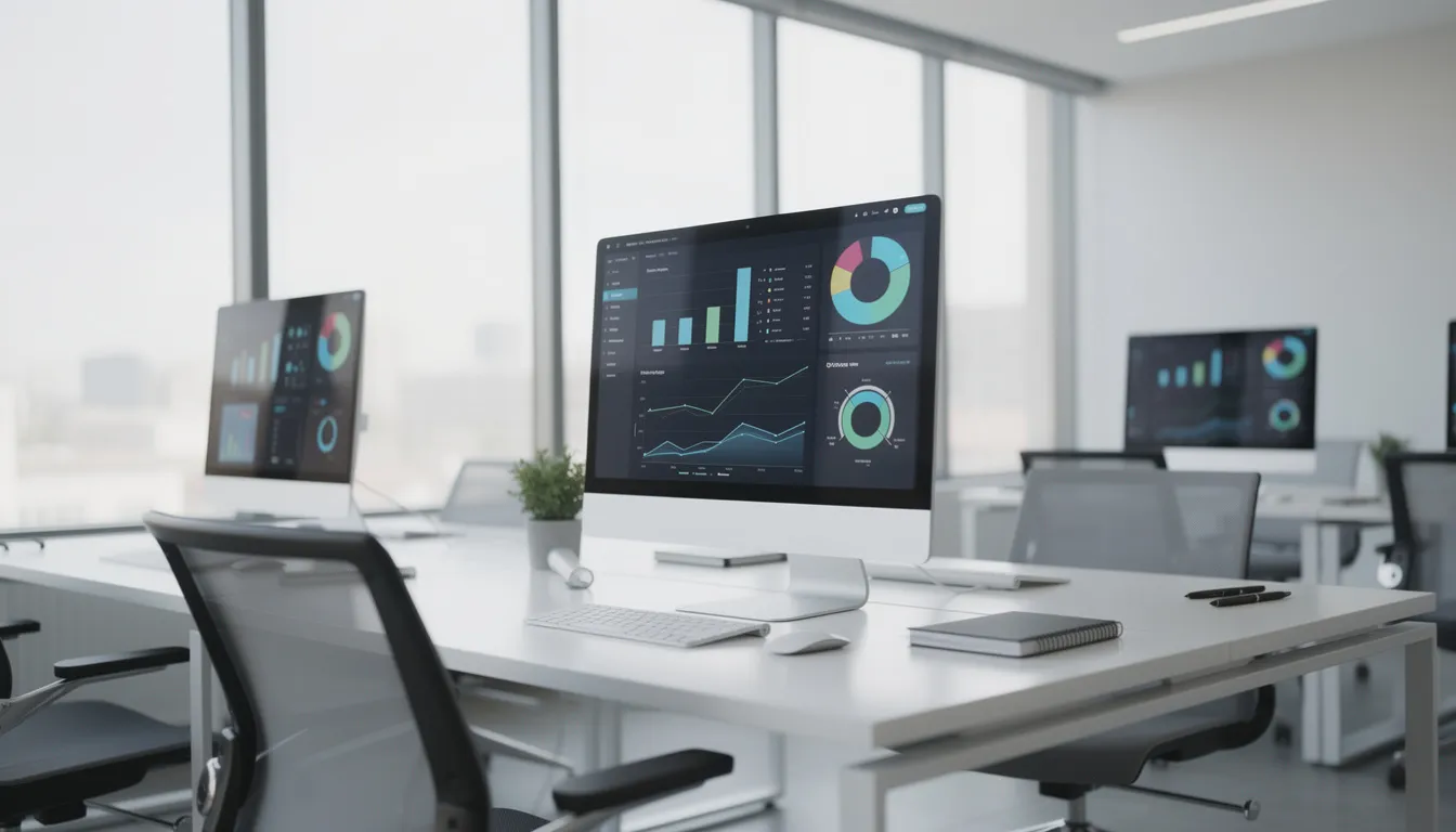 The image depicts a modern office workspace featuring several computers displaying colorful charts and graphs, illustrating business operations and operational strategies. This setup reflects a professional environment conducive to strategic planning and enhances operational efficiency for business owners and their leadership teams.