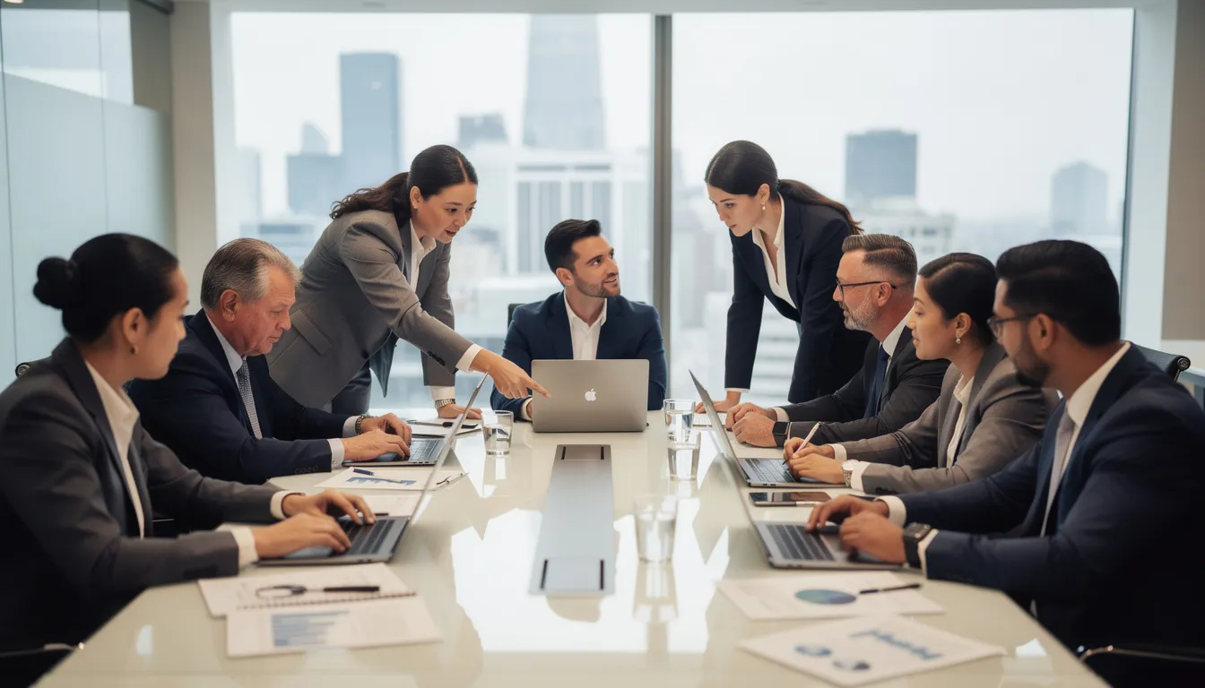 A diverse group of business leaders, including senior executives and finance leaders, collaborates around a conference table, equipped with laptops and documents, discussing strategic direction and financial planning. The atmosphere reflects teamwork and decision-making essential for effective finance operations within the organization.