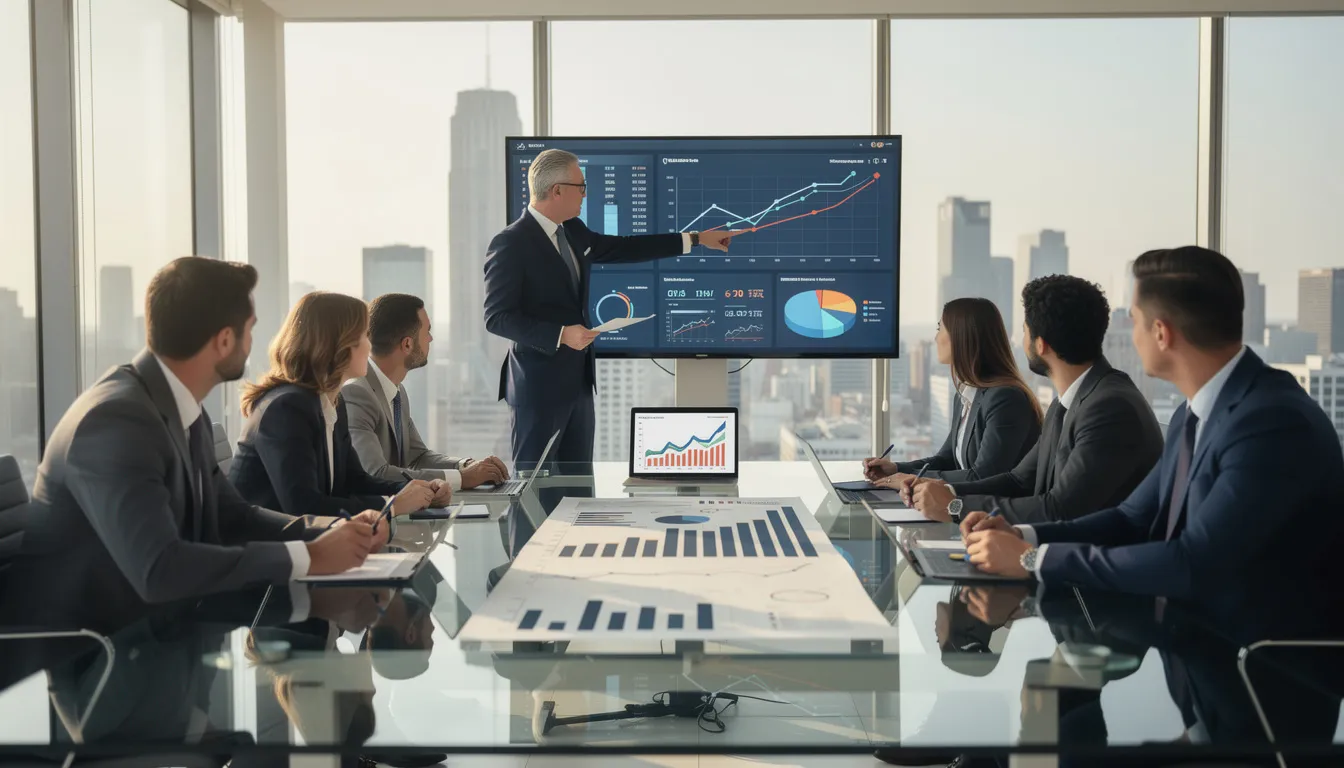 In a modern conference room, senior executives, including the chief financial officer and chief executive officer, are engaged in analyzing financial data presented on charts and reports, discussing the company's financial position and strategic planning. The atmosphere reflects a focus on financial management, risk assessment, and compliance with financial regulations as they evaluate economic trends and investment strategies.