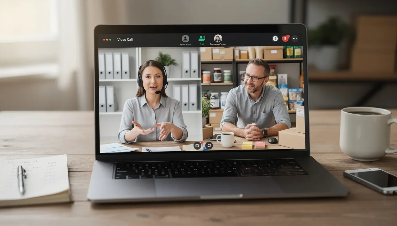 The image shows a video call on a laptop screen, featuring a small business owner discussing their financial goals with an accountant. They are engaged in a conversation about small business accounting services, including tax preparation and managing daily operations.