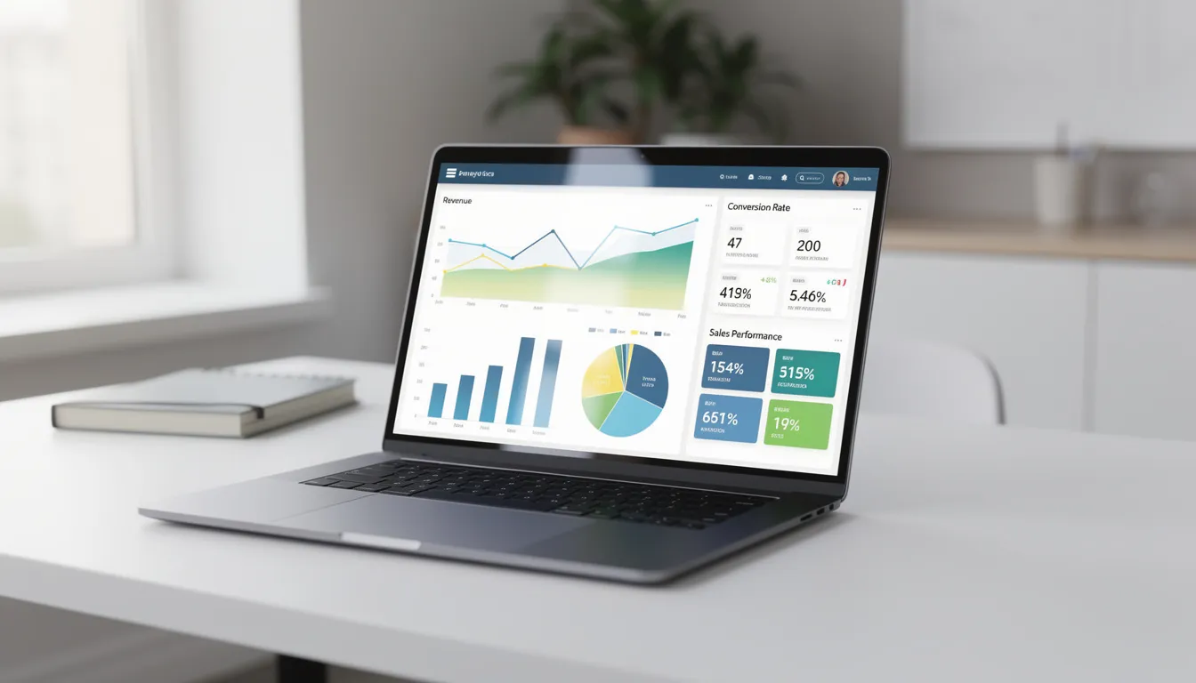 The image features a modern laptop showcasing a business analytics dashboard filled with various charts and graphs, representing key financial metrics. This visual tool is essential for chief financial officers and executive leadership teams to analyze financial operations and support strategic decision-making.