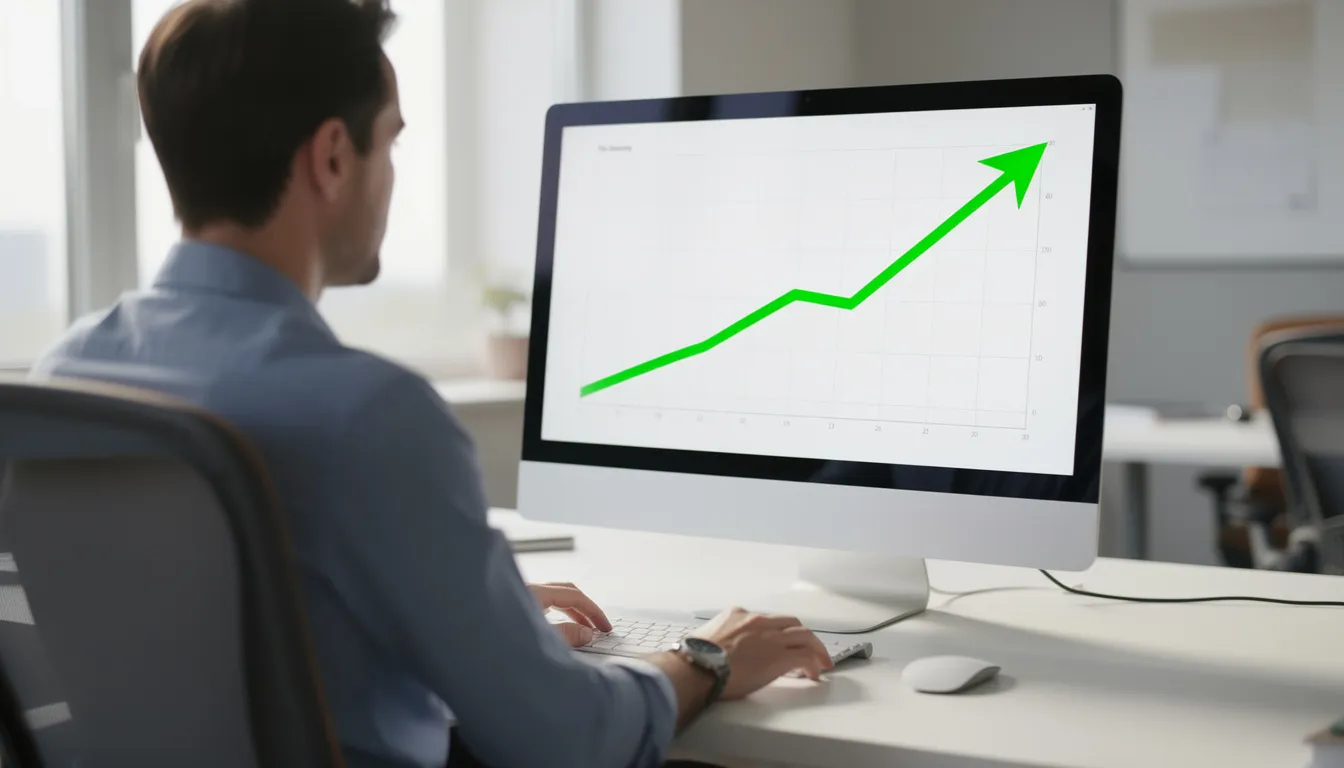 A person is intently looking at a computer monitor displaying an upward-trending line graph, which suggests positive investment returns and financial growth. This image illustrates the importance of tracking financial decisions and developing a detailed retirement plan to achieve smarter financial outcomes.