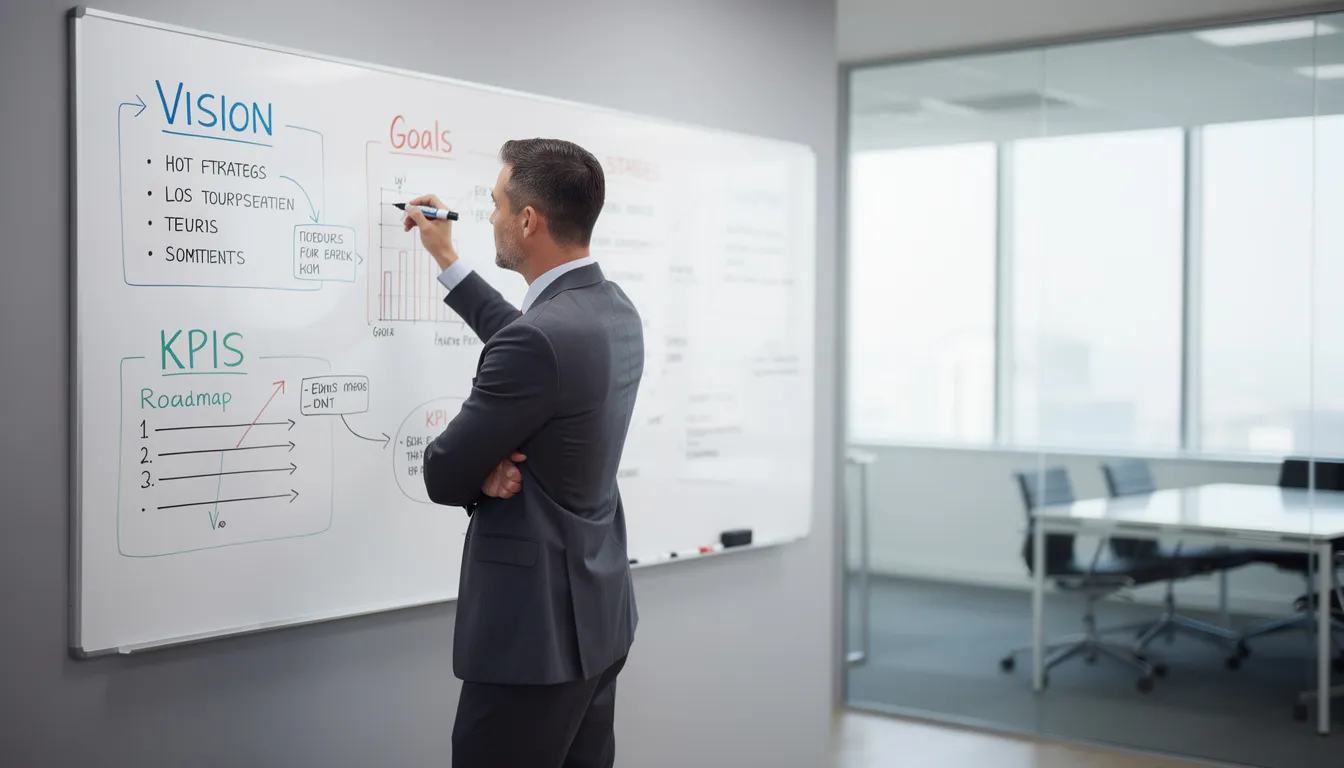 A professional, representing a fractional chief operating officer, stands in front of a whiteboard filled with strategic planning notes, discussing operational strategies and solutions to enhance efficiency for business operations. The atmosphere conveys a focus on overcoming operational challenges and driving sustainable growth through effective leadership.