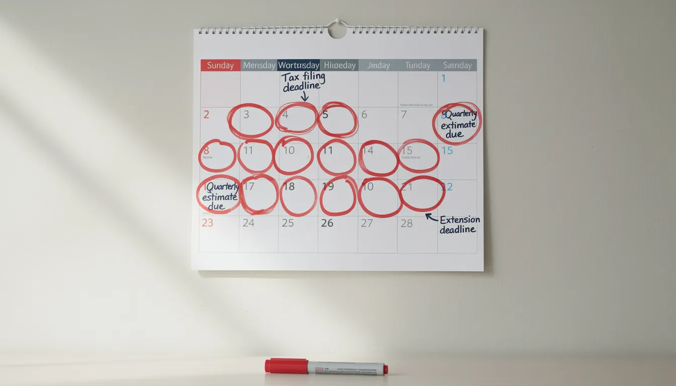 The image shows a calendar with important tax deadline dates highlighted in red marker, emphasizing the critical dates for small business owners to manage their income taxes and financial reporting effectively. This visual serves as a reminder for business owners to stay organized and plan ahead for tax preparation and savings.