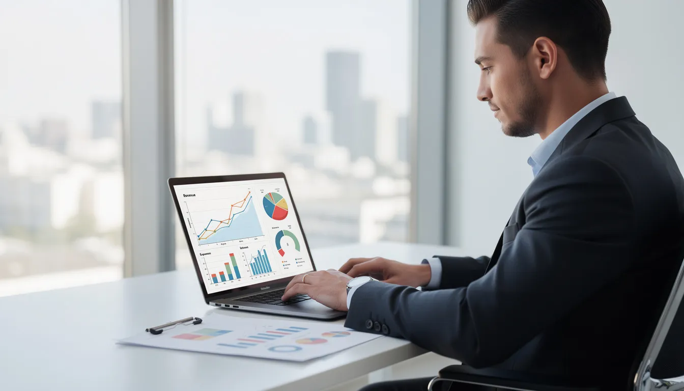 A business professional is focused on analyzing financial data on a laptop, with various charts and graphs displayed on the screen, illustrating cash flow forecasts and trends. The image conveys the importance of accurate cash flow projections for informed financial planning and effective cash management.
