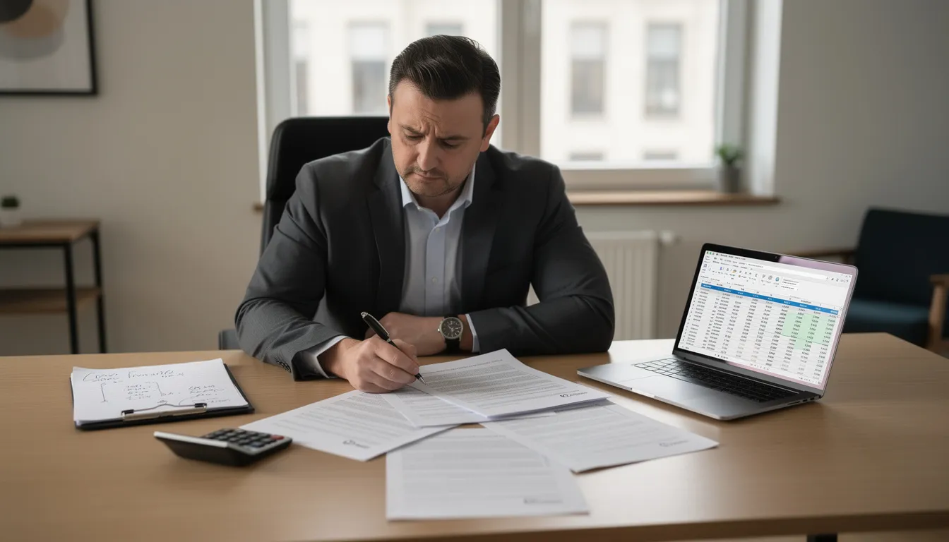A small business owner sits at a desk, intently reviewing loan documents with a calculator and laptop, contemplating various small business financing options. The scene reflects the critical process of evaluating business loans and understanding credit requirements for their own business.