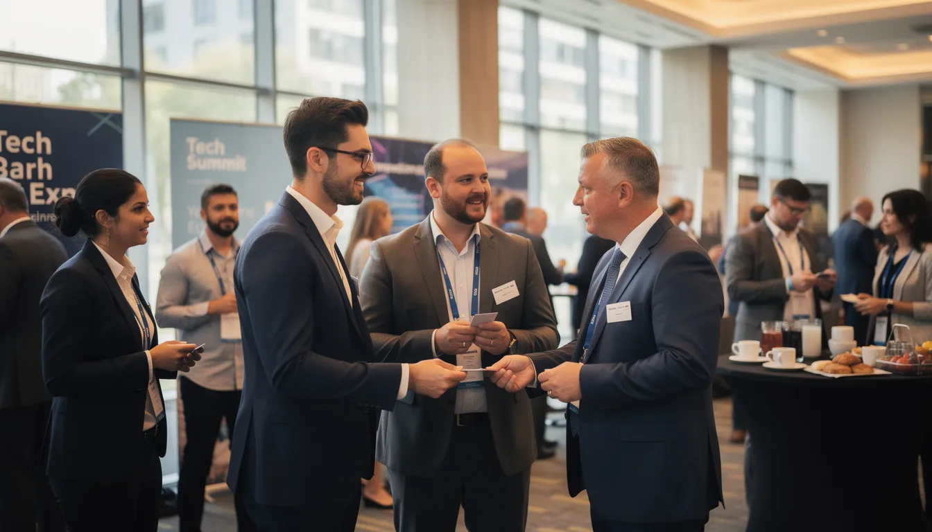 The image depicts a vibrant professional networking scene at an industry conference, where many fractional executives, including chief marketing officers and chief financial officers, engage in discussions about business strategy and digital transformation. The atmosphere is filled with aspiring fractional leaders exchanging insights on operational efficiency and financial restructuring, reflecting a broader shift towards fractional C-suite roles in today’s market.