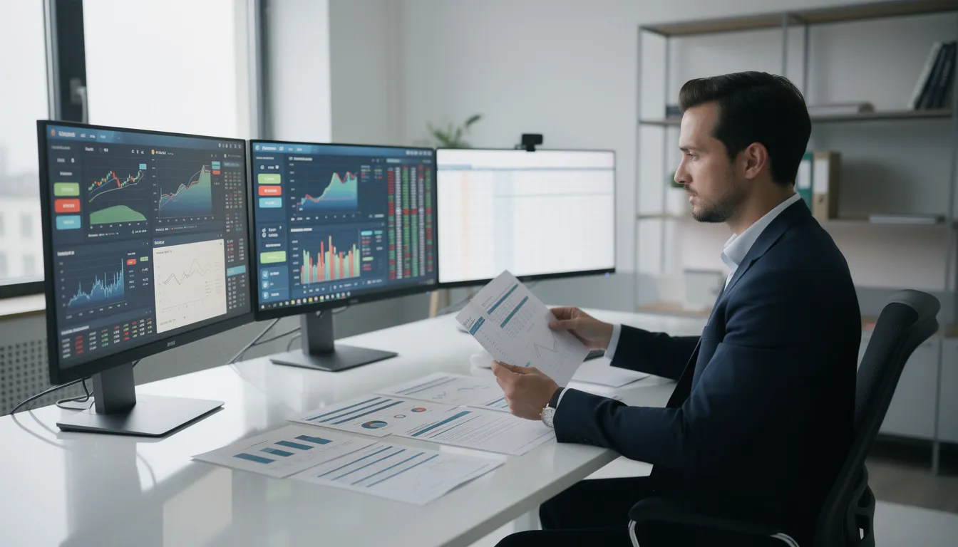 A finance professional, possibly a chief financial officer or financial controller, is meticulously reviewing financial documents at a modern desk equipped with multiple monitors, focusing on key financial statements and data to ensure accurate financial reporting and effective financial management for the company's financial health. The setting reflects a high-level financial strategy environment, emphasizing the importance of financial analysis and regulatory compliance in driving business growth.