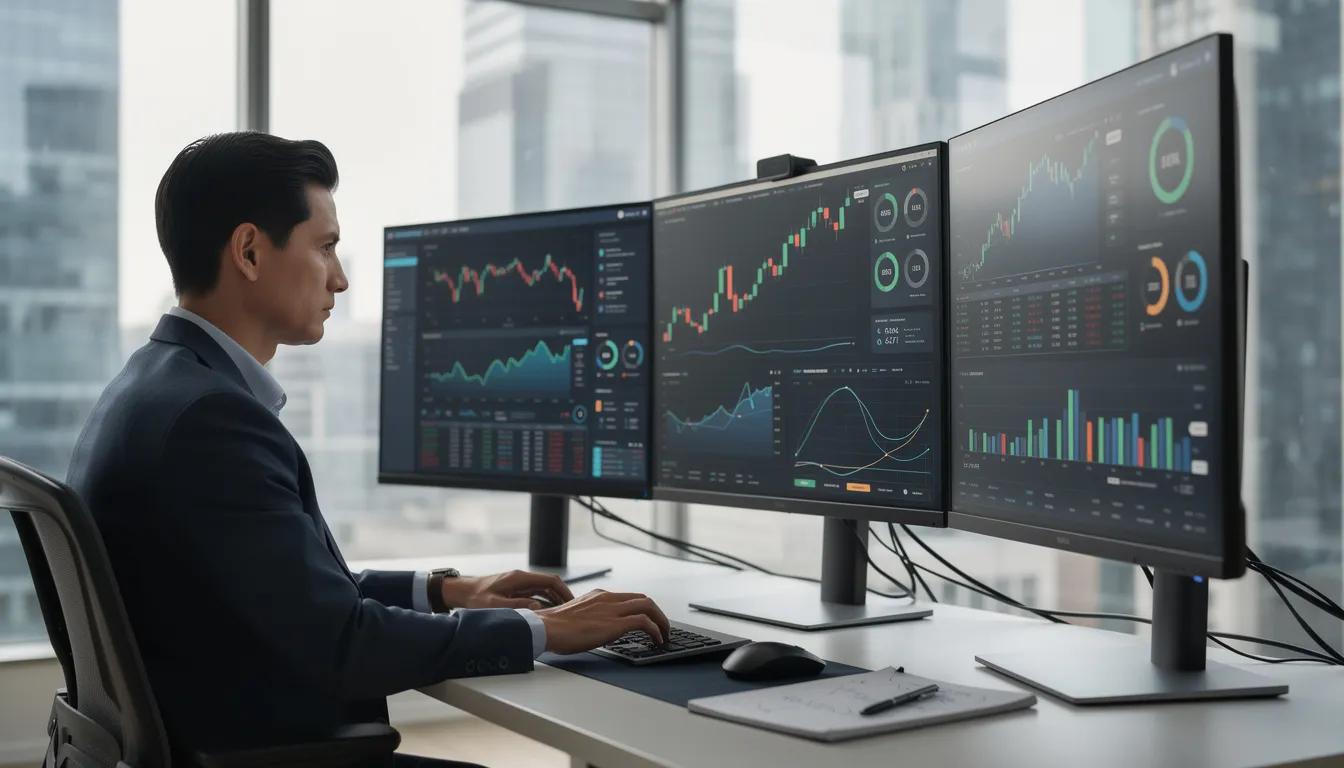 A professional, likely a chief financial officer or financial analyst, is focused on analyzing financial data displayed on multiple computer screens that showcase various financial dashboards. The environment reflects a strong emphasis on financial management and strategic planning, essential for effective decision-making in business administration.