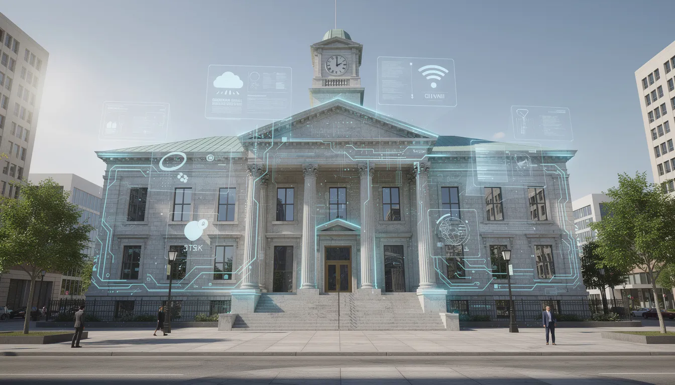 The image depicts a city hall building enhanced with a digital overlay, symbolizing the integration of modern technology in financial management. This visual suggests a focus on financial processes, such as cash flow and reporting, highlighting the importance of software solutions in improving business performance and decision-making for financial institutions.