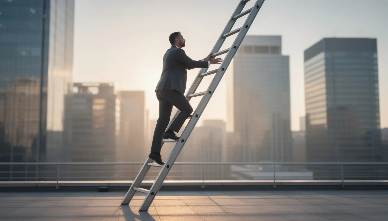 The image depicts a professional climbing a ladder symbolizing a career ascent, with a vibrant cityscape in the background, representing the ambitious journey towards leadership positions such as CEO or COO. The scene captures the essence of striving for success in business operations and achieving the company's strategic vision amidst an urban environment.