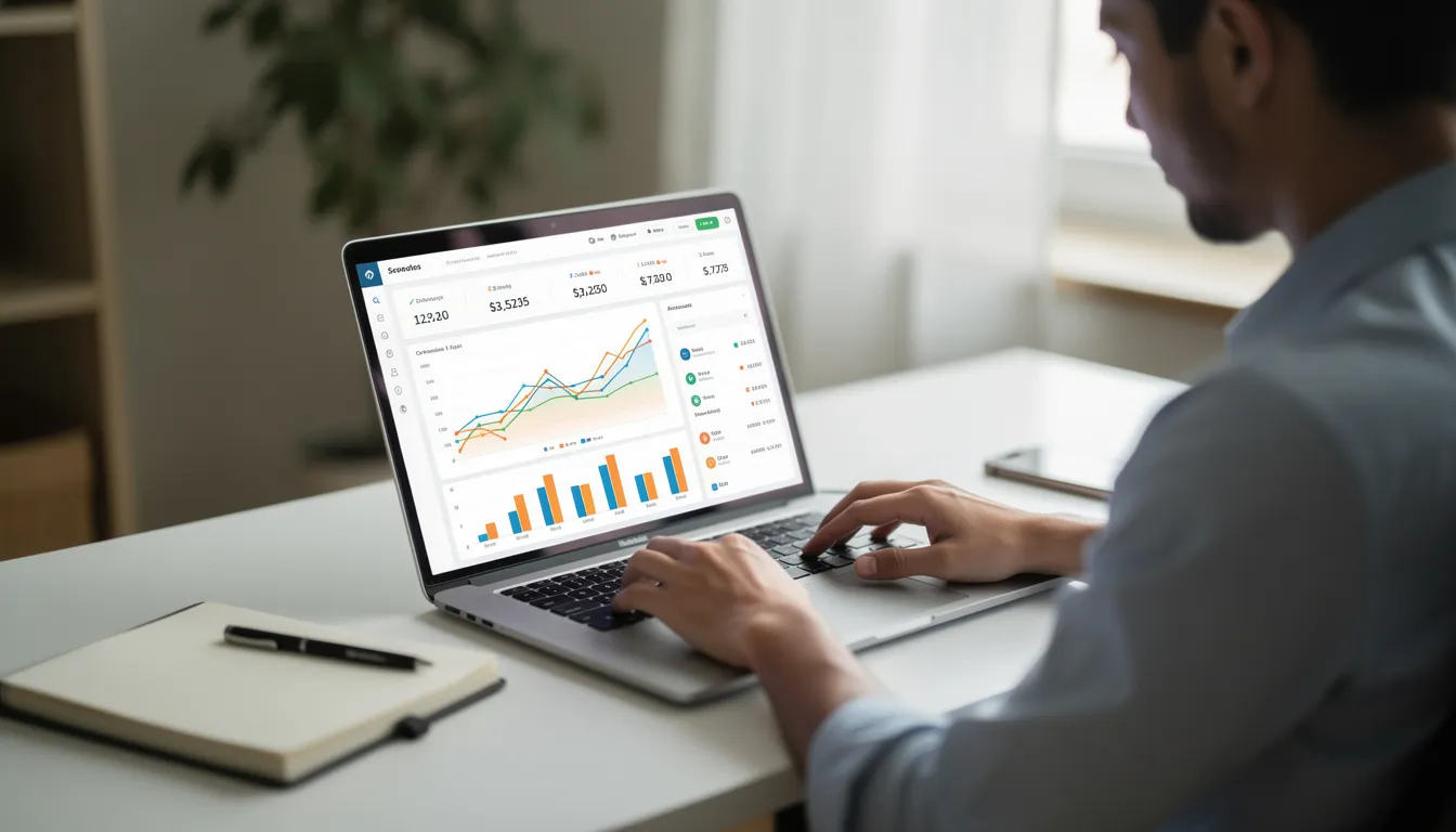 A person is seated at a desk, focused on a laptop screen displaying various financial charts and account balances that illustrate their financial plan. The setup suggests they are analyzing their investment strategy and preparing for future financial decisions.