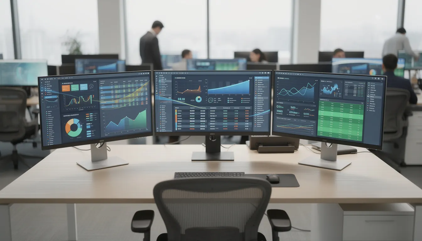The image depicts a modern office workspace featuring multiple computer screens displaying various dashboards and financial data, essential for finance professionals such as chief financial officers and financial controllers. This setup supports accurate financial reporting, strategic financial planning, and effective management of the company's financial health and operations.