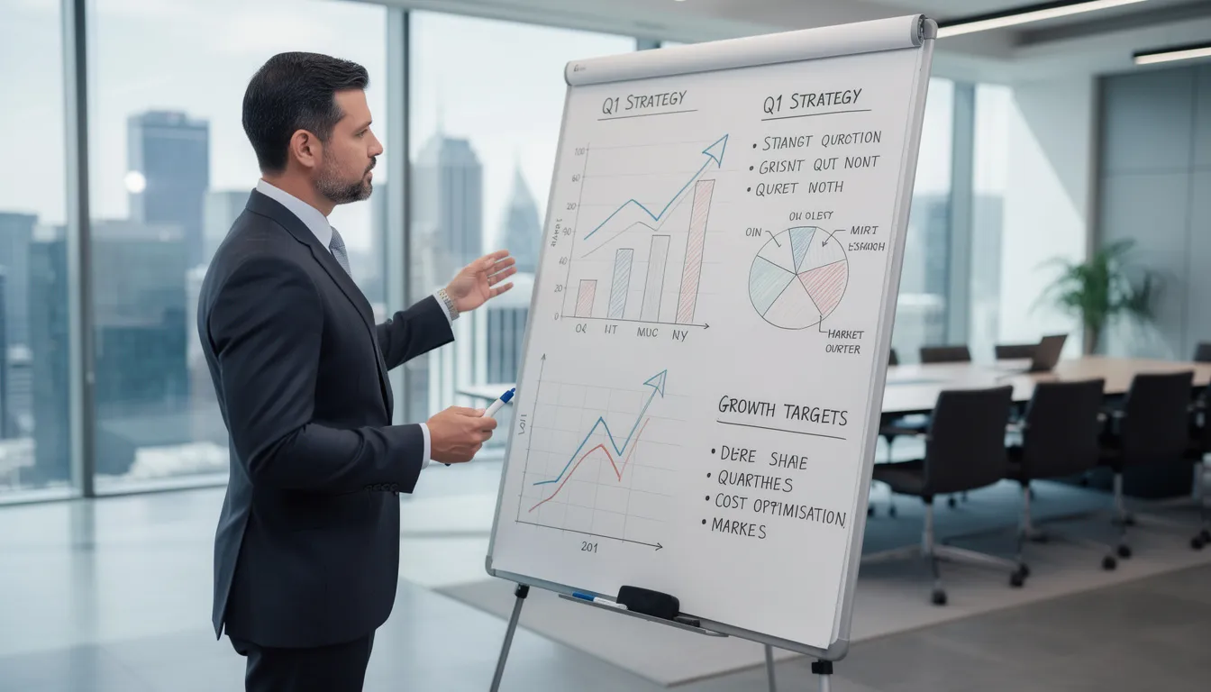 A business executive, likely a chief financial officer, is reviewing strategic financial plans on a whiteboard filled with financial charts and data, highlighting the company's financial health and operational efficiency. This scene emphasizes the importance of financial management and accurate financial reporting in guiding the organization's growth and risk management strategies.