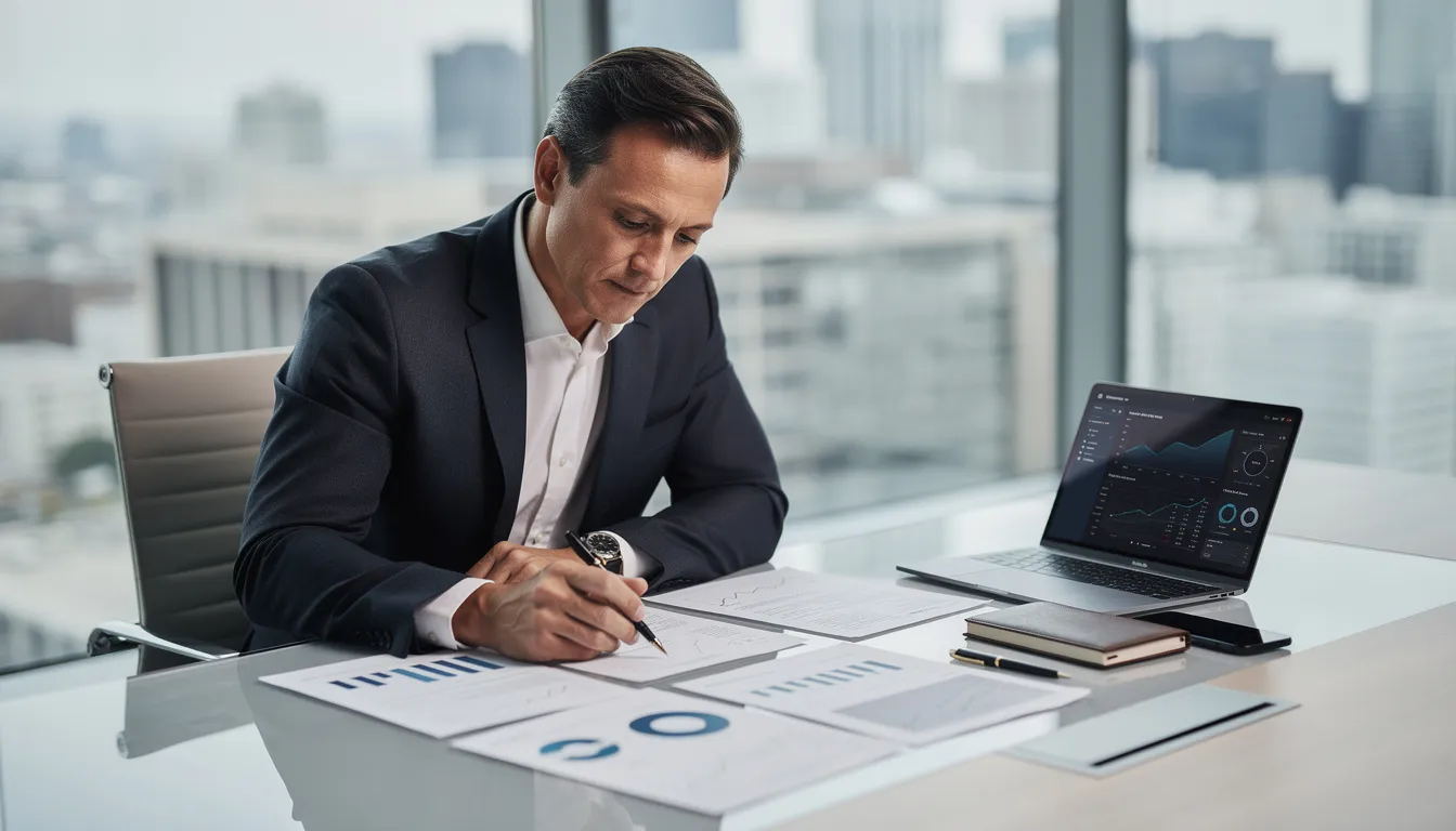 A professional executive, likely a chief financial officer, is intently reviewing financial documents in a sleek, modern office setting, focusing on the organization's financial health and planning. The scene illustrates the critical advisory role of the CFO in analyzing financial data and making sound financial decisions to guide the company's strategic direction.