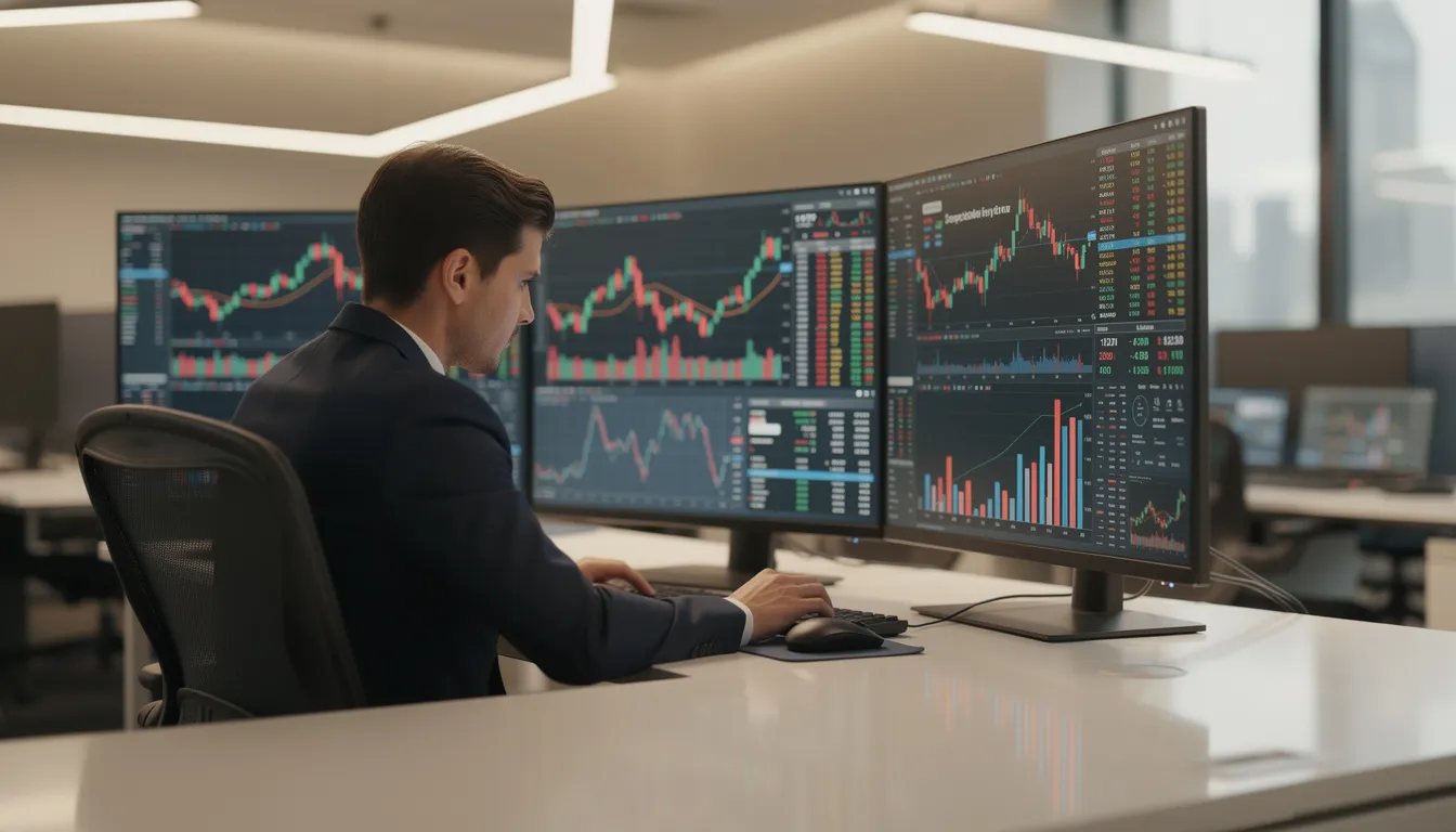 A professional sits at a desk surrounded by multiple computer screens displaying various financial charts and data, indicative of their work in investment management and portfolio management. The environment reflects a focus on analyzing market trends and making strategic investment decisions to achieve the organization's financial goals.