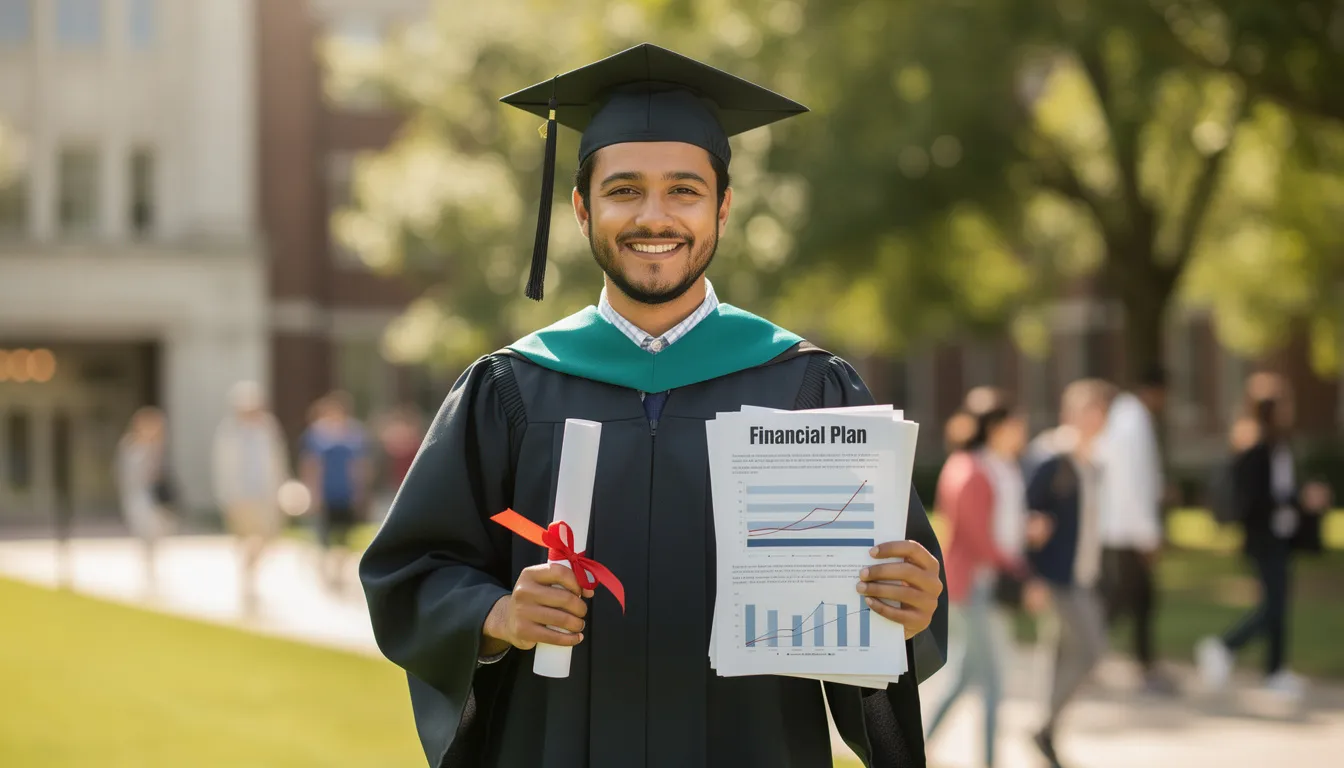 A proud graduate wearing a cap and gown stands holding a diploma and financial documents, symbolizing their achievements in financial management and business administration. This image represents the culmination of their education, preparing them for a career as a financial analyst or chief financial officer, equipped with strong leadership skills and knowledge in financial analysis.