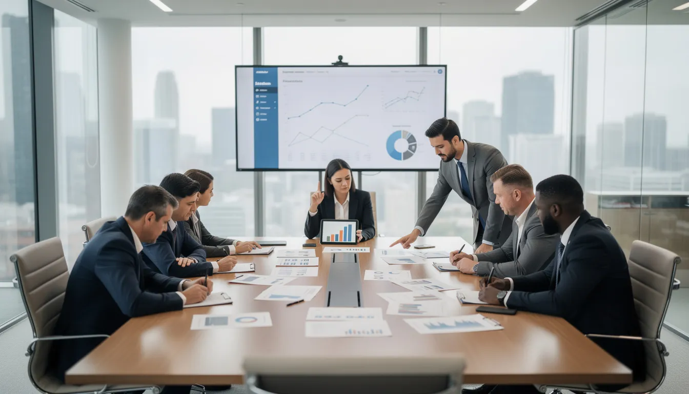 In a modern conference room, business executives, including a chief financial officer, are engaged in reviewing financial documents and analyzing financial data to assess the organization's financial health. They discuss financial management strategies and the implications of financial reporting on the company's financial standing.