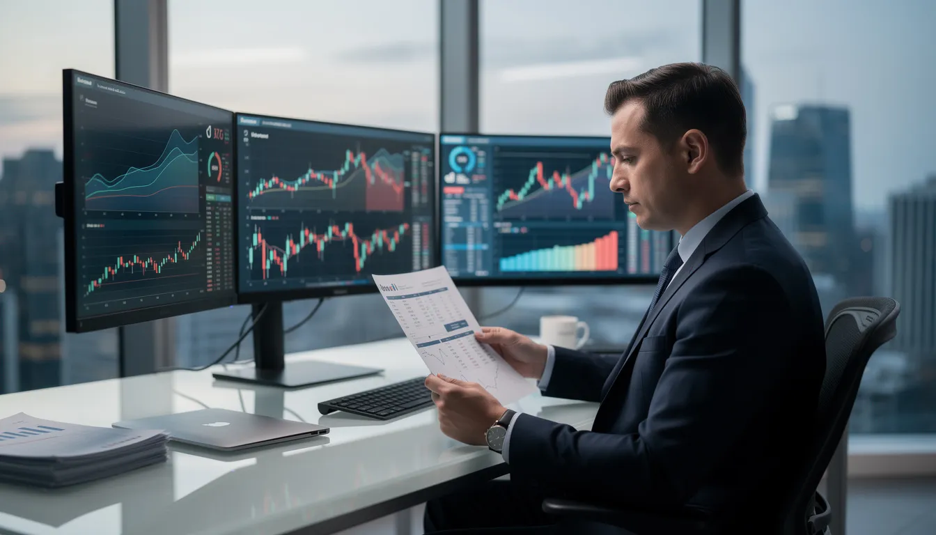 The image depicts a chief financial officer (CFO) diligently reviewing financial documents at a modern desk, equipped with multiple monitors displaying various charts and data analytics. This setting emphasizes the CFO's role in financial reporting and strategic planning, showcasing the importance of timely decision-making for the organization's future direction.