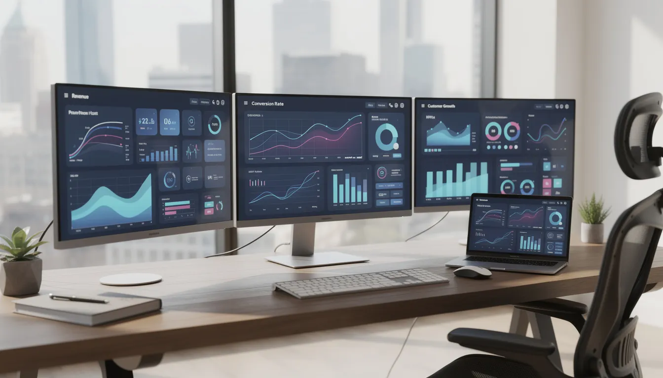 The image depicts a modern office workspace featuring multiple computer screens displaying detailed business analytics dashboards, essential for the finance department's decision-making and financial reporting. This setup reflects the strategic direction that today's CFOs take in managing financial planning and operations efficiently.