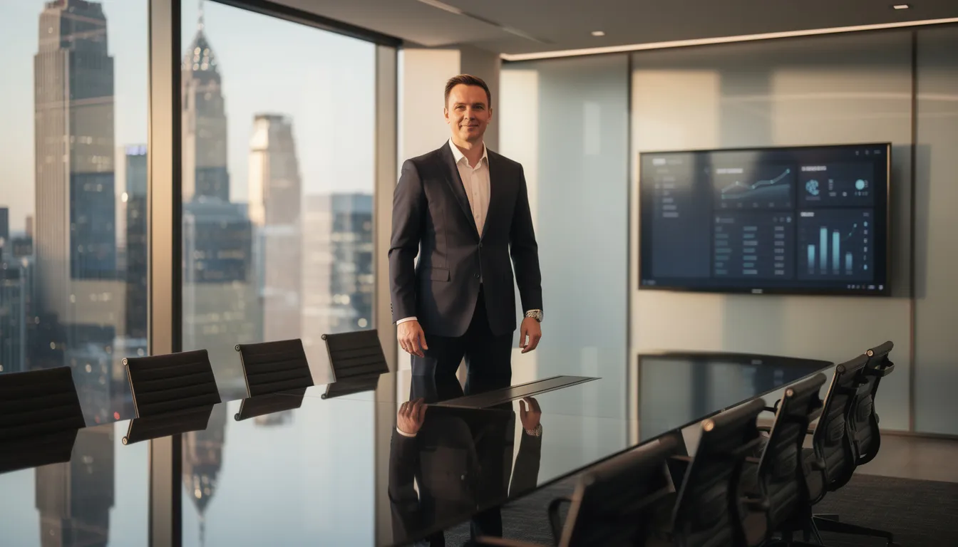 A professional sitting at a sleek conference table in a modern boardroom, with a stunning city skyline visible through large windows. This setting reflects an environment where investment strategies and asset management discussions take place, showcasing the importance of strong communication skills and executive leadership in financial decision-making.