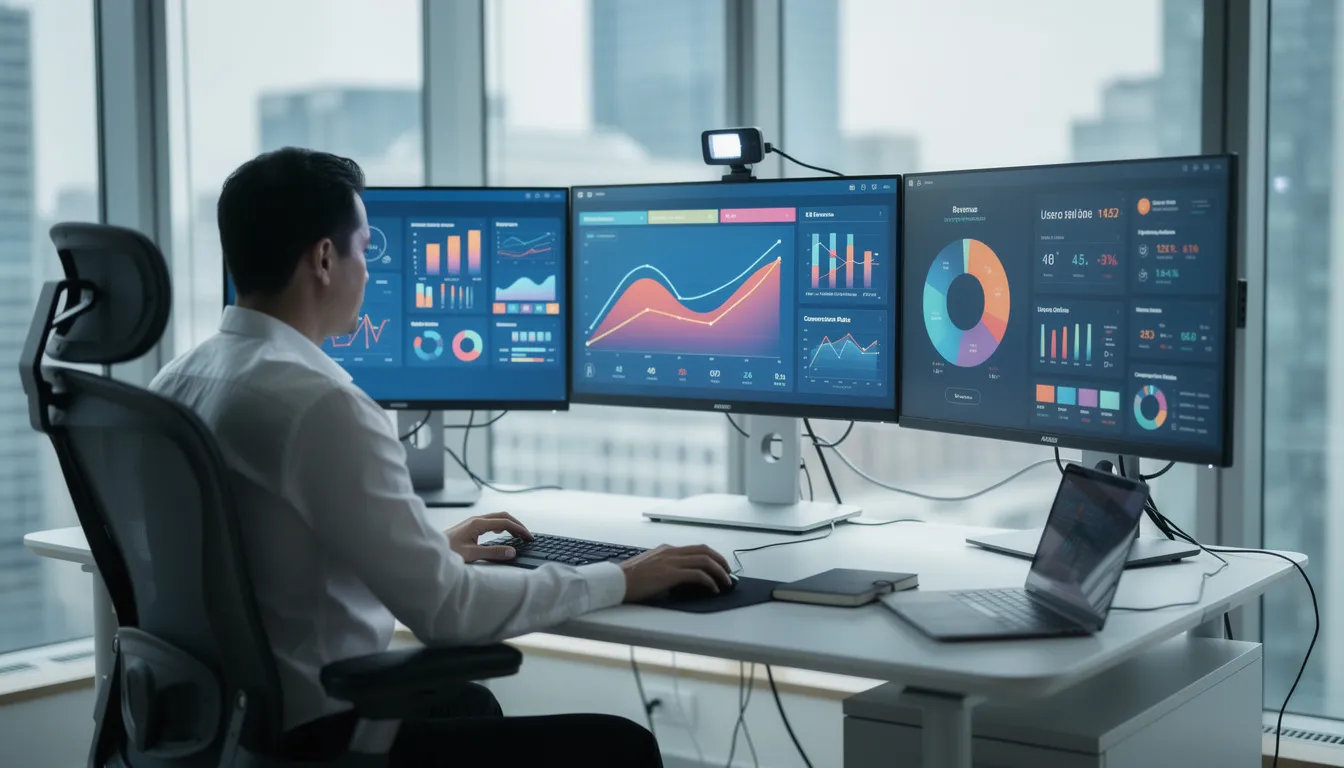 A professional, possibly a chief financial officer, is seated at a desk working on a computer with multiple screens displaying various financial dashboards and data analysis tools. The screens showcase financial information essential for managing the organization's financial health, including cash flow and financial reporting metrics.