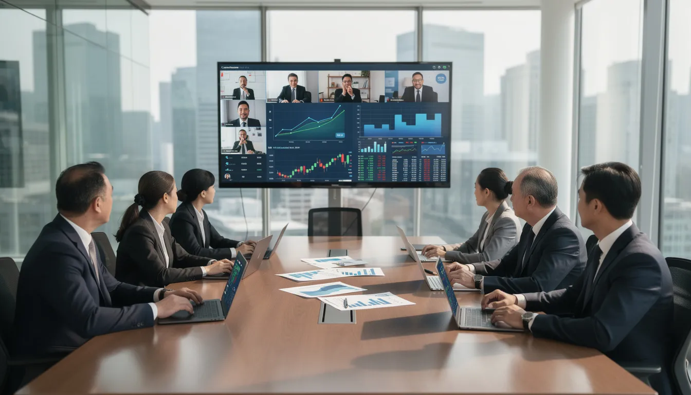 A diverse group of business professionals is engaged in a video conference call, collaborating on financial operations with financial charts displayed on their screens. This scene highlights their strategic partnership and clear communication as they discuss key aspects of financial planning and risk management.