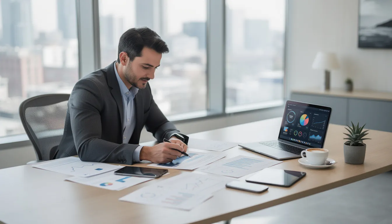 A business owner is seated at a modern desk, intently analyzing financial reports that include metrics such as net profit margin and gross profit margin. The environment reflects a focus on improving the company's financial health and understanding profit margins to enhance overall profitability.