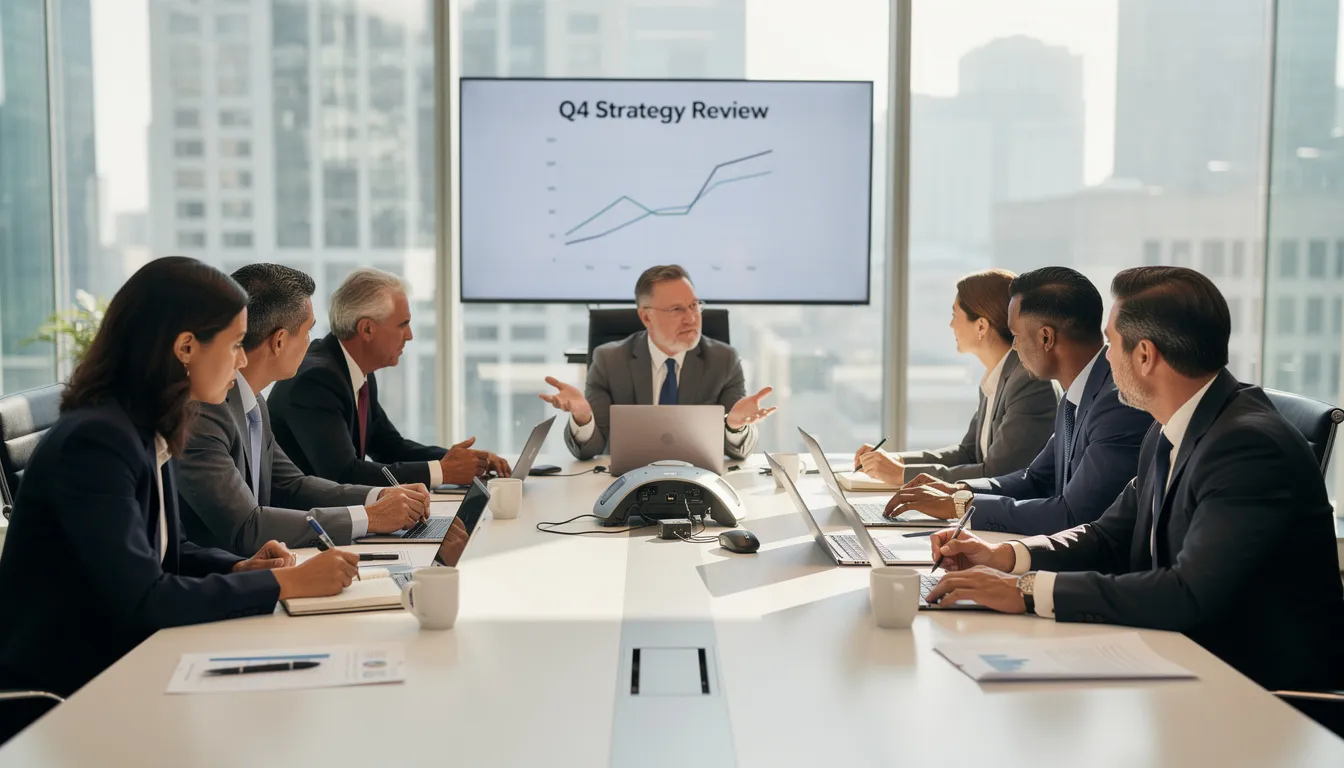 The image depicts a business leadership team, including a fractional chief operating officer, gathered around a conference table filled with laptops and notebooks, engaged in strategic planning and discussing operational strategies to enhance efficiency and drive growth for their company. The atmosphere reflects collaboration and focus as the team addresses operational challenges and seeks sustainable growth.