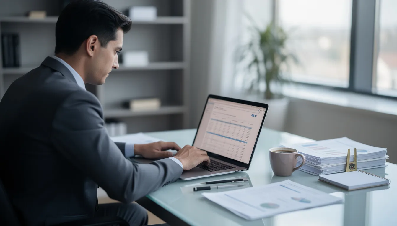 A professional accountant is intently reviewing financial documents on a laptop, with a coffee cup placed nearby, illustrating the focus on managing daily operations and financial reporting for small business accounting services. The scene captures the essence of a business owner dedicated to achieving their financial goals.