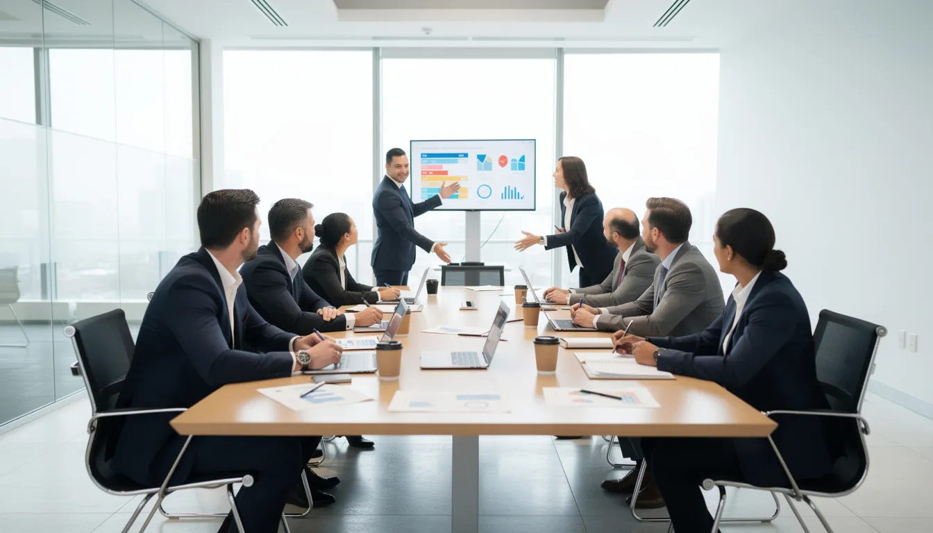 A team of finance professionals is collaborating in a bright, modern conference room, discussing strategic financial planning and analyzing key performance indicators to enhance the company's financial health. The atmosphere is focused and dynamic, reflecting their commitment to accurate financial reporting and managing cash flow effectively.