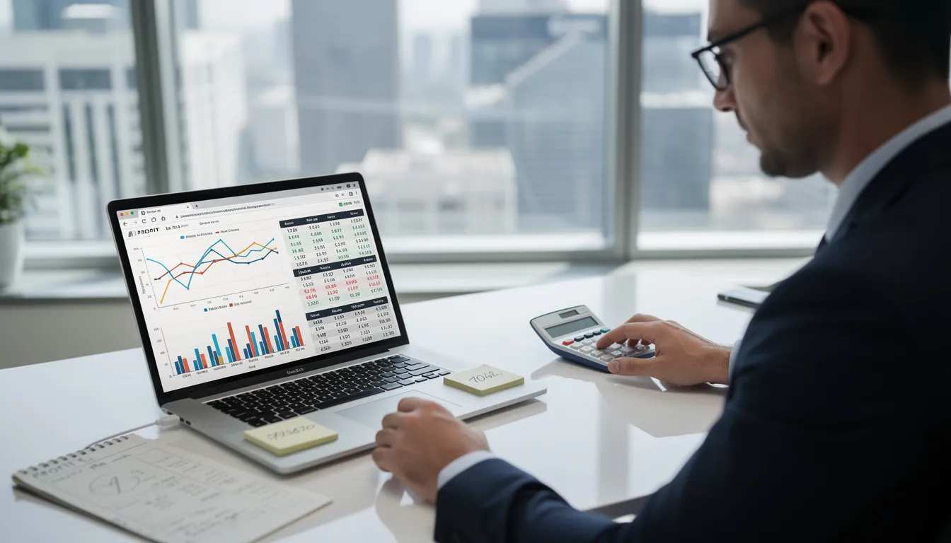 A professional is intently reviewing financial charts and profit calculations displayed on a laptop screen, focusing on key metrics such as net profit margin and gross profit margin to assess the company’s financial health. The charts illustrate various profit margins, highlighting the importance of calculating profit margin and understanding operating expenses for improved business profitability.