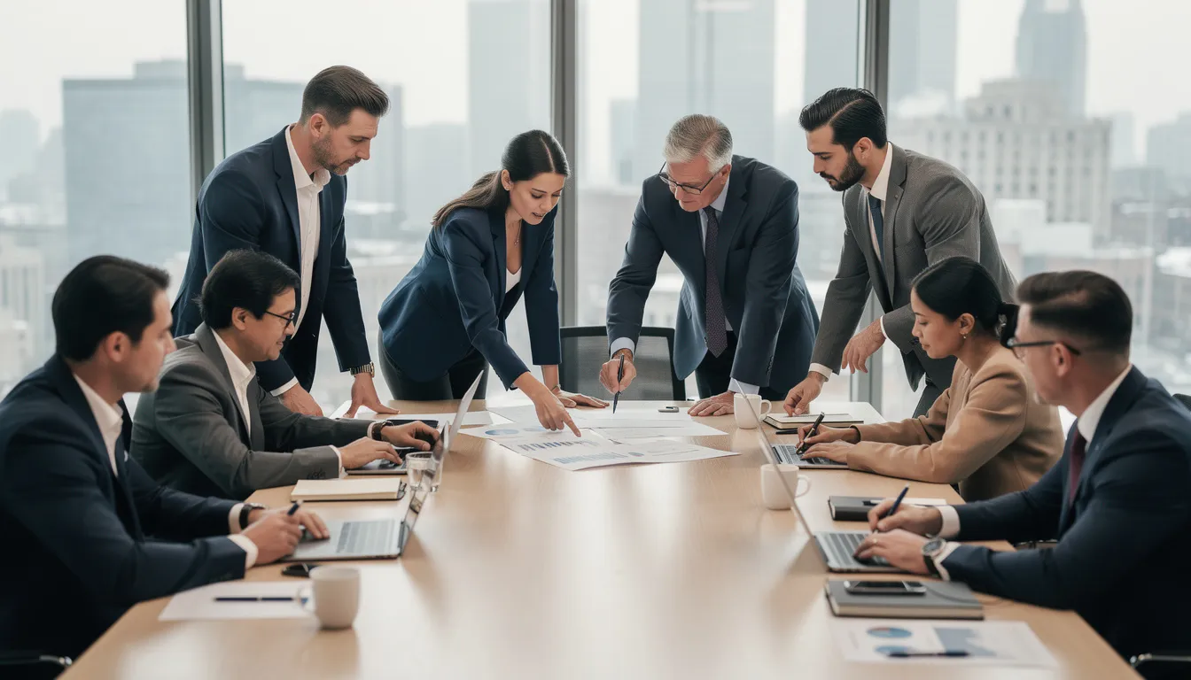 A group of business professionals, including a chief financial officer and senior finance professionals, are gathered in a meeting room, collaboratively reviewing documents and discussing strategic financial guidance for their organization. The atmosphere reflects a focus on financial management and informed decision-making, essential for the growth of early-stage companies.