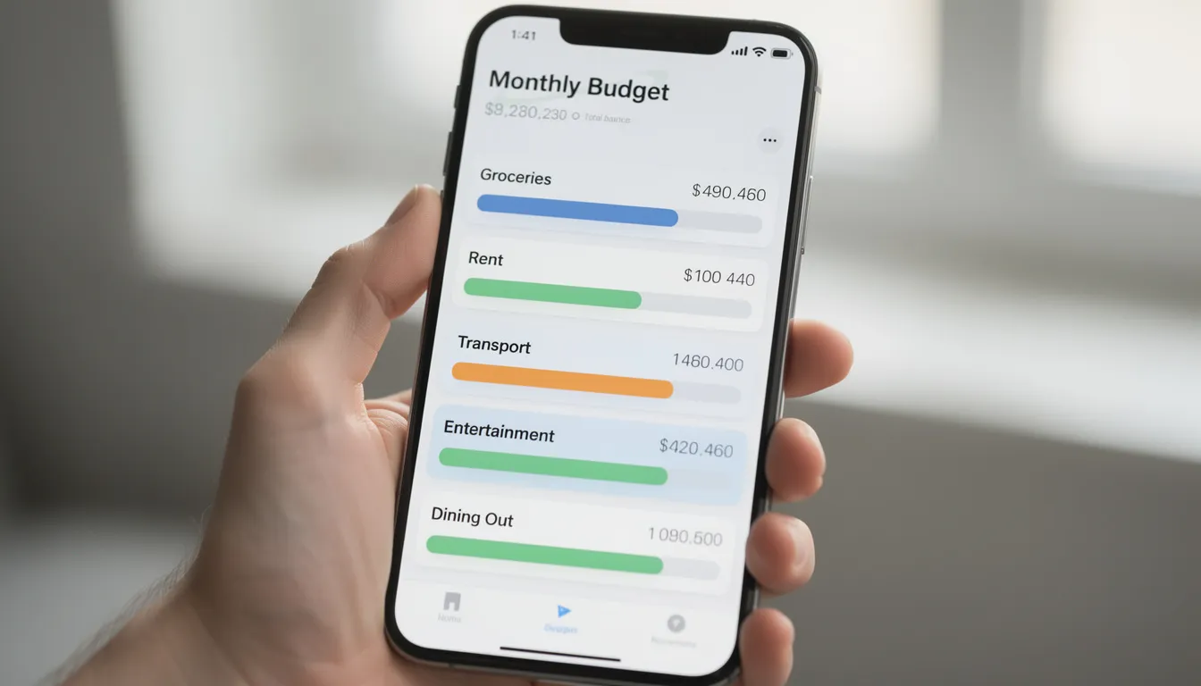 The image displays a mobile phone screen featuring various expense categories alongside budget progress bars, designed to help users track their financial life and make smarter financial decisions. This visual representation serves as a tool for managing a financial plan, allowing users to monitor their spending and savings effectively.