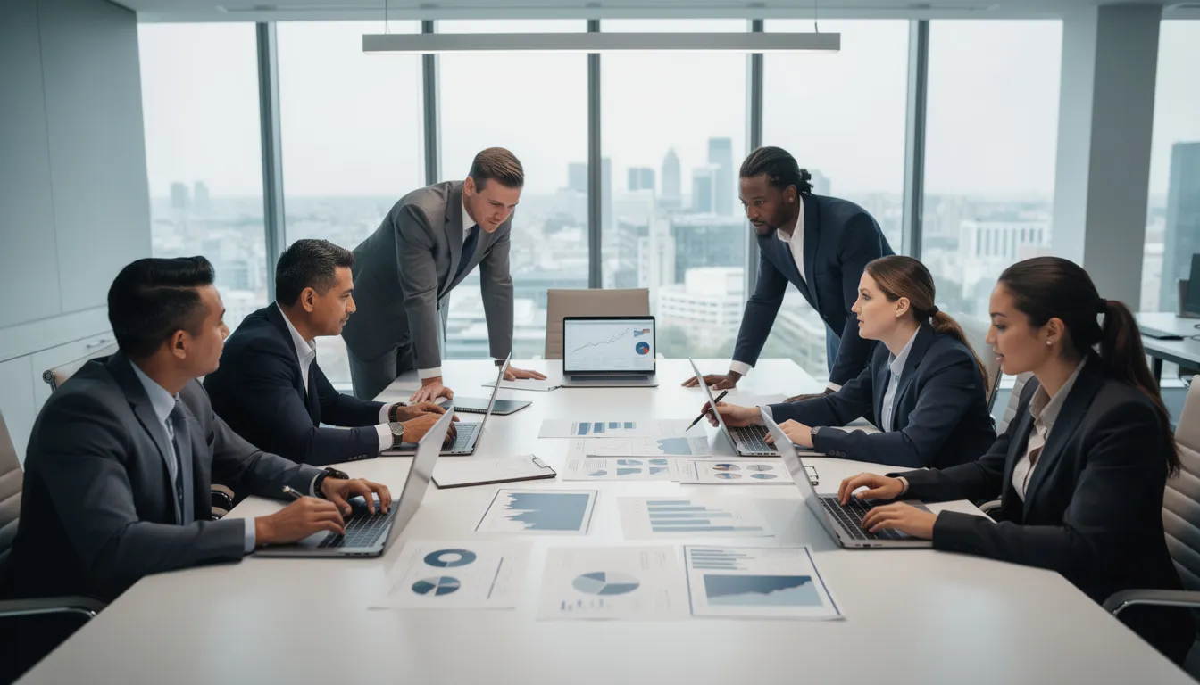 A group of investment professionals, including a chief investment officer, are collaborating around a conference table, engaging with laptops and documents to discuss investment strategies and asset allocation. The atmosphere reflects strong communication skills and teamwork as they analyze market trends and make strategic decisions for effective portfolio management.