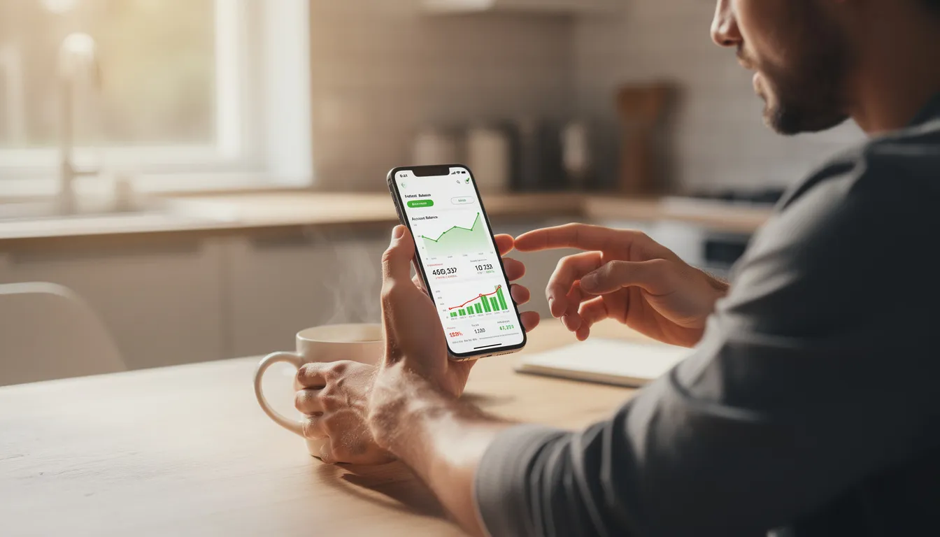 A person is sitting at a table, enjoying a cup of coffee while checking a financial dashboard on their smartphone, highlighting their focus on financial management and cash flow. The scene emphasizes the integration of personal finance apps into daily life, showcasing how technology aids in informed decision-making regarding financial data and business performance.