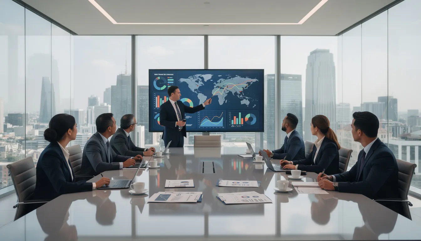 A group of business professionals, including a chief financial officer and members of the finance and accounting team, are engaged in a boardroom meeting, discussing strategic financial management and planning. They are focused on implementing financial strategies to enhance the organization's financial health and oversee financial reporting.