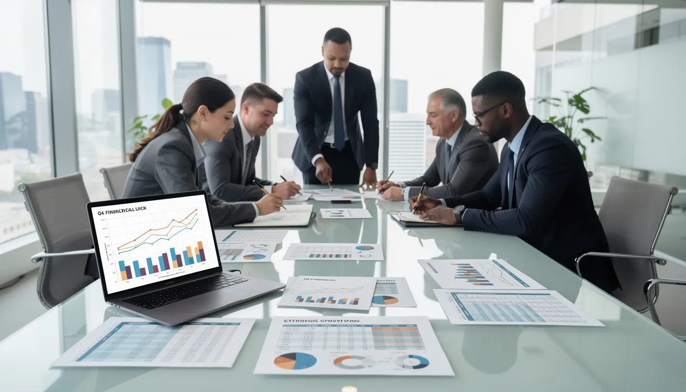 A diverse business team is gathered in a modern office, intently reviewing financial charts and strategic documents to enhance their financial strategy and operational efficiency. This collaboration reflects the expertise of fractional executives as they navigate critical transitions and provide strategic guidance to multiple organizations.