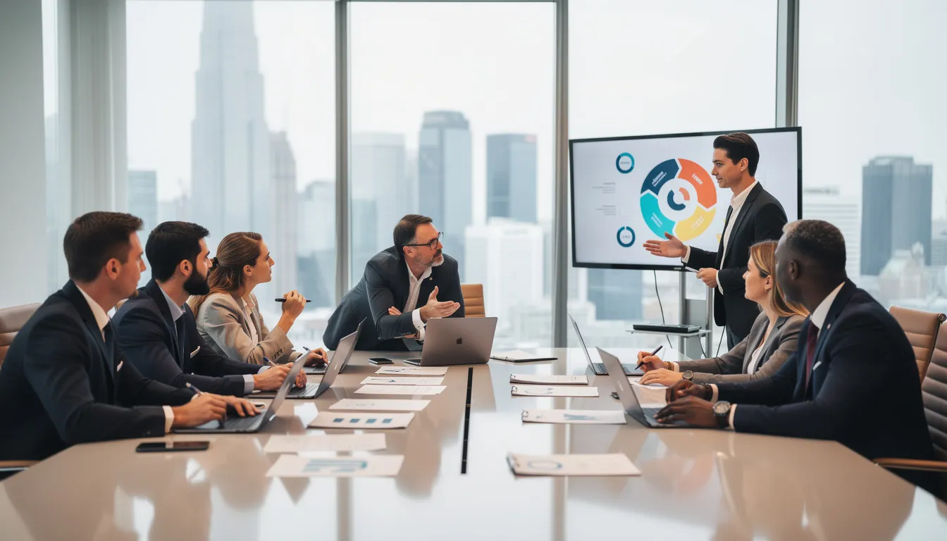 A group of C-suite executives, including the chief executive officer and chief operating officer, engage in a collaborative meeting around a conference table, discussing the company's strategy and vision for future success. They are focused on strategic decisions related to business operations and long-term goals, ensuring effective communication among senior leaders.